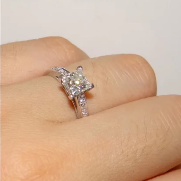 *14K White Princess Square Diamond Engagement Ring - Picture 3 of 6